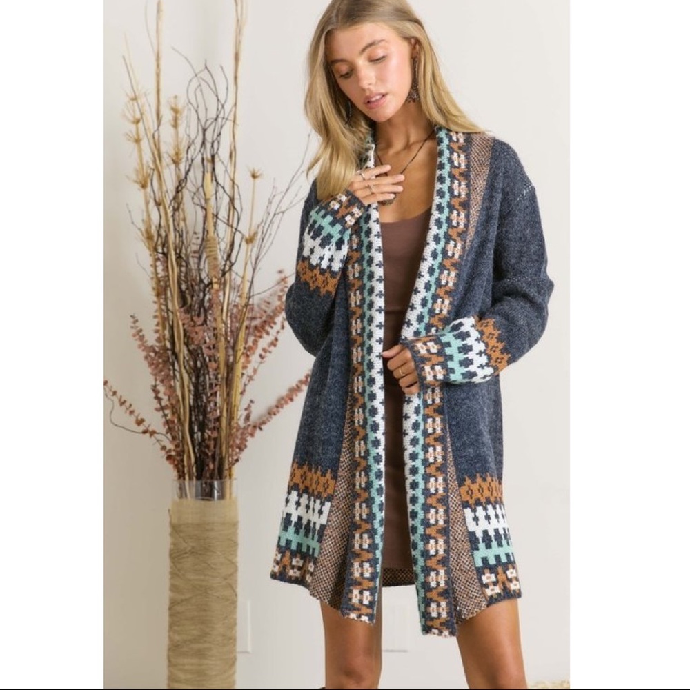 Tribal Native Print Open Front Oversized Navy Boho Cardigan - Picture 2 of 5